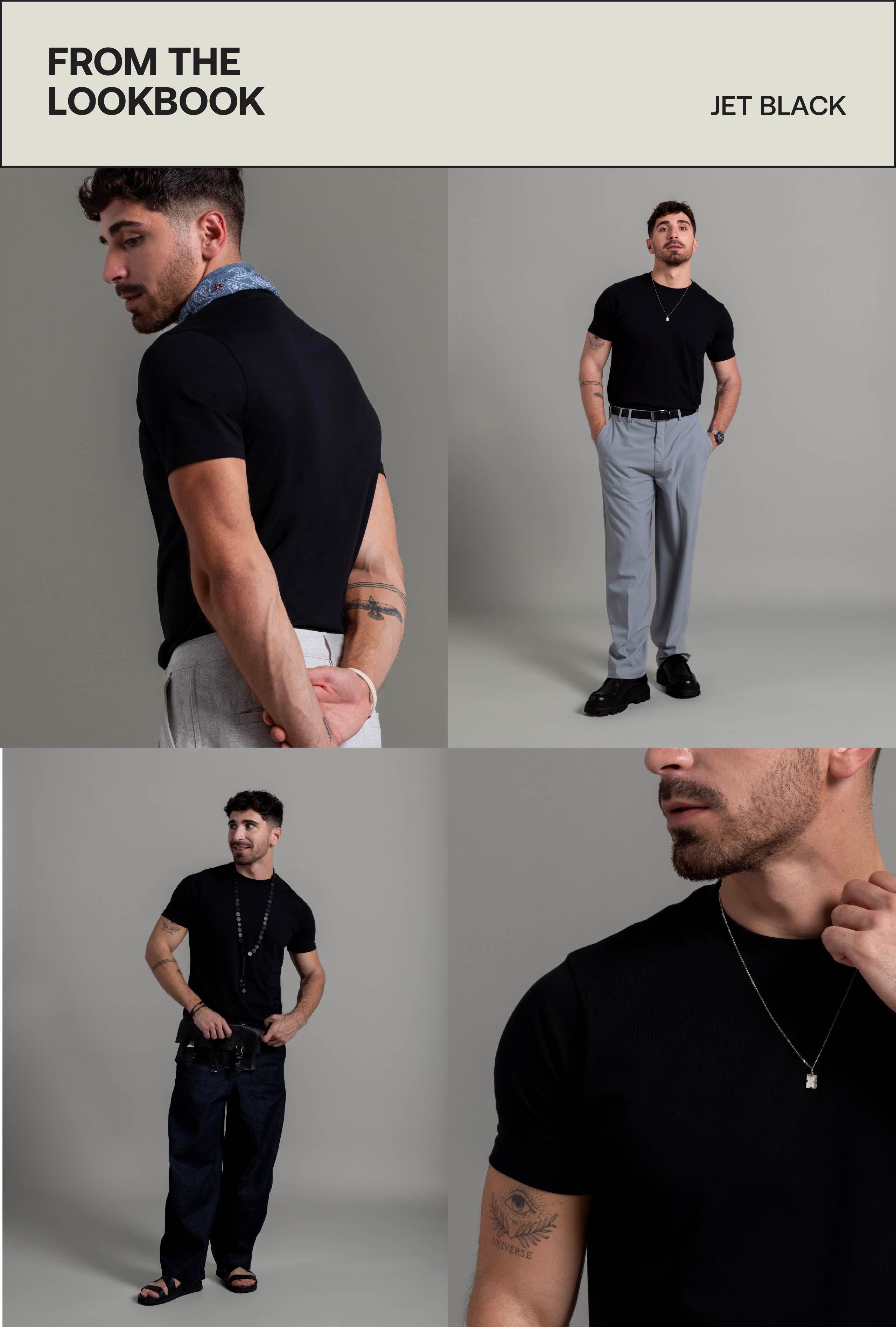 Walking pose men’s jet black tee
