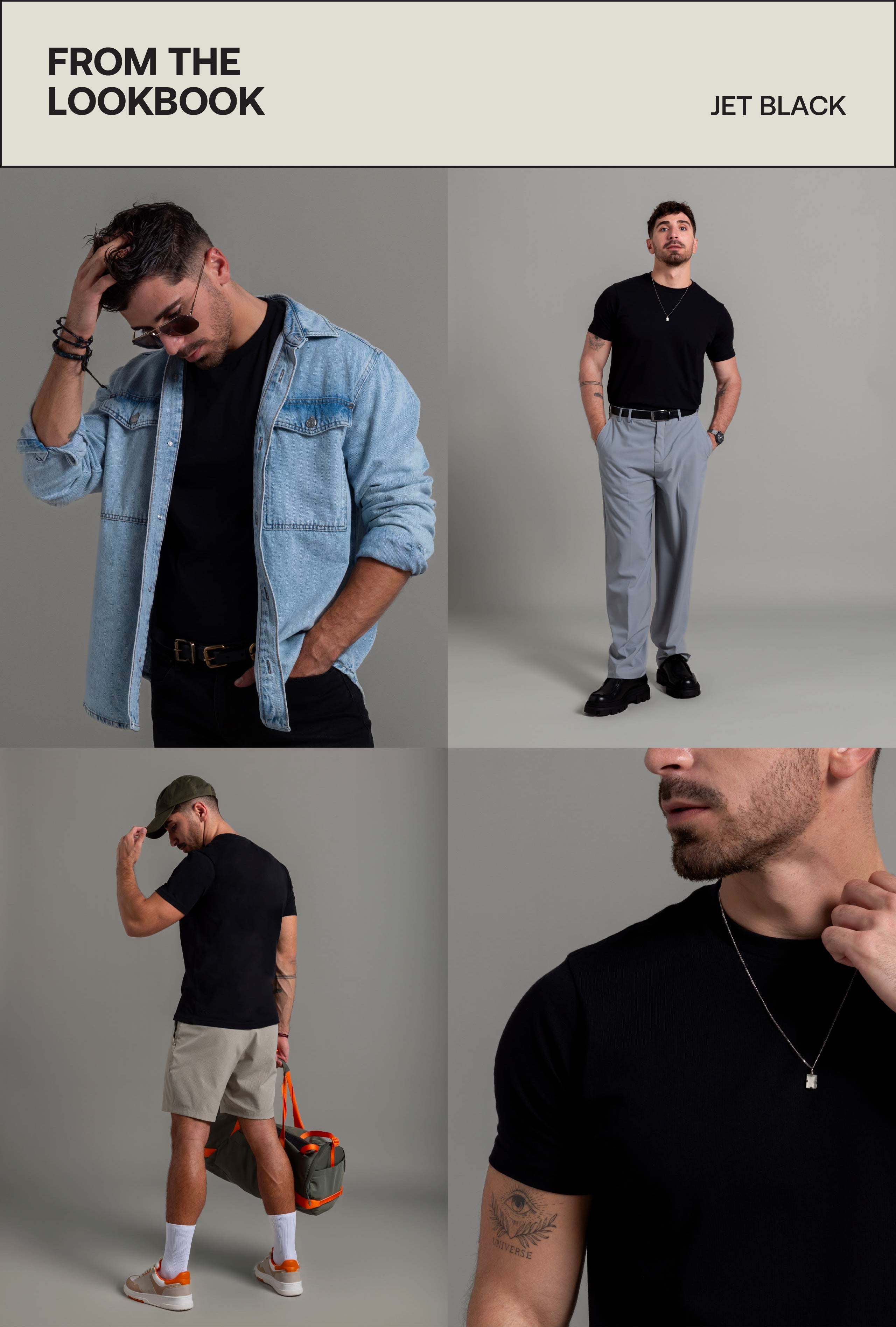 Walking pose men’s jet black tee