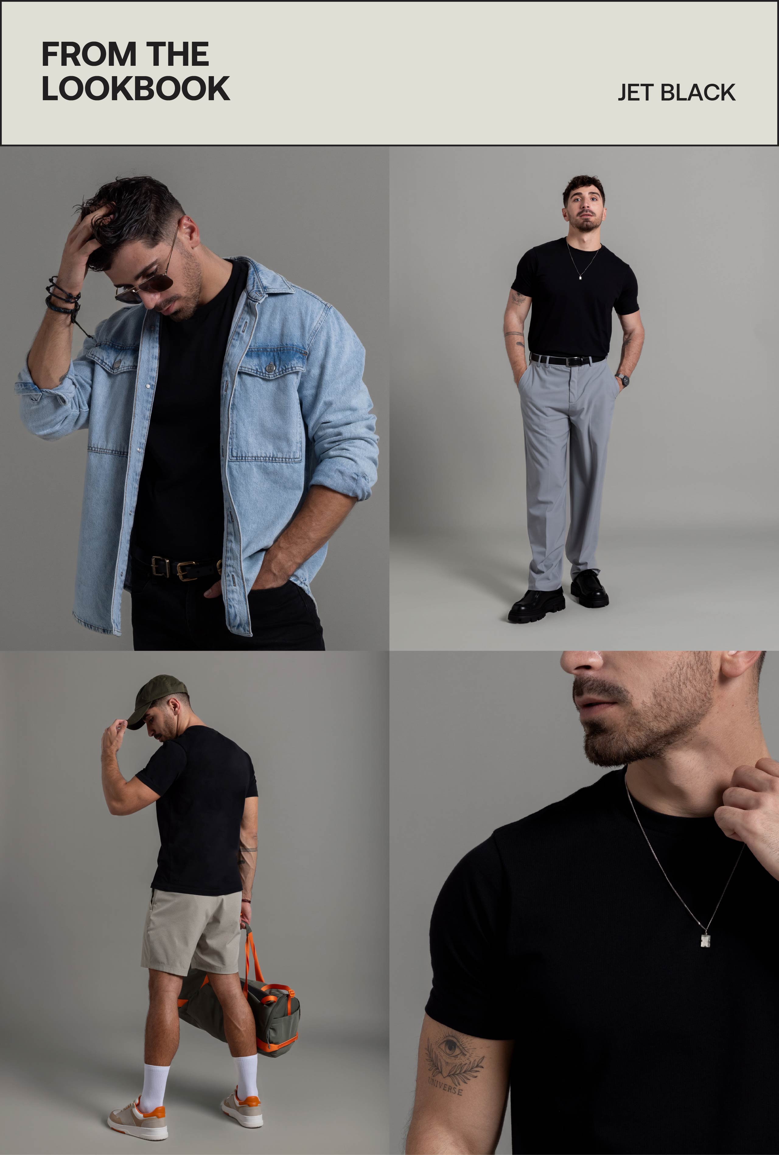 Walking pose men’s jet black tee