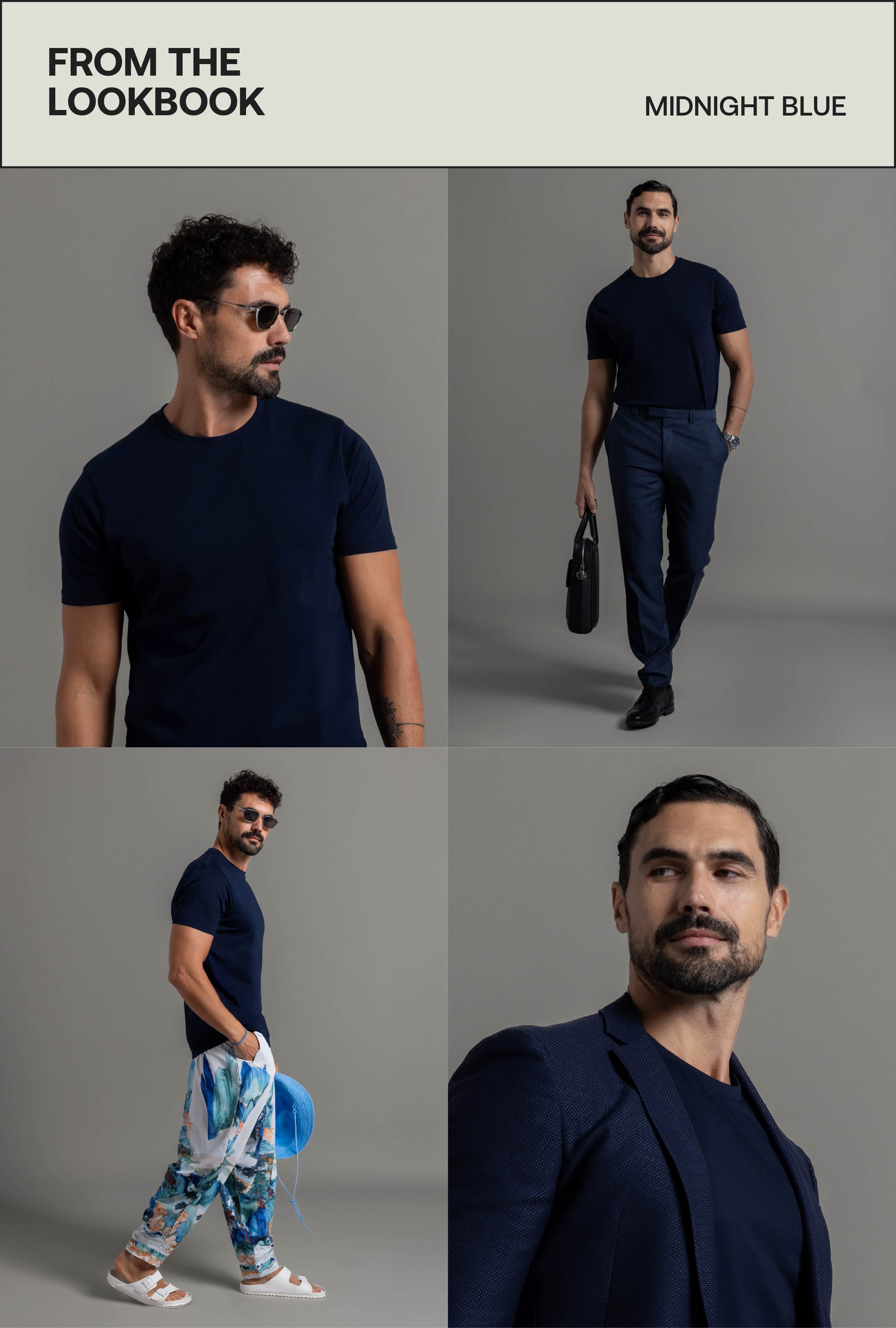 Walking pose men’s midnight blue tee