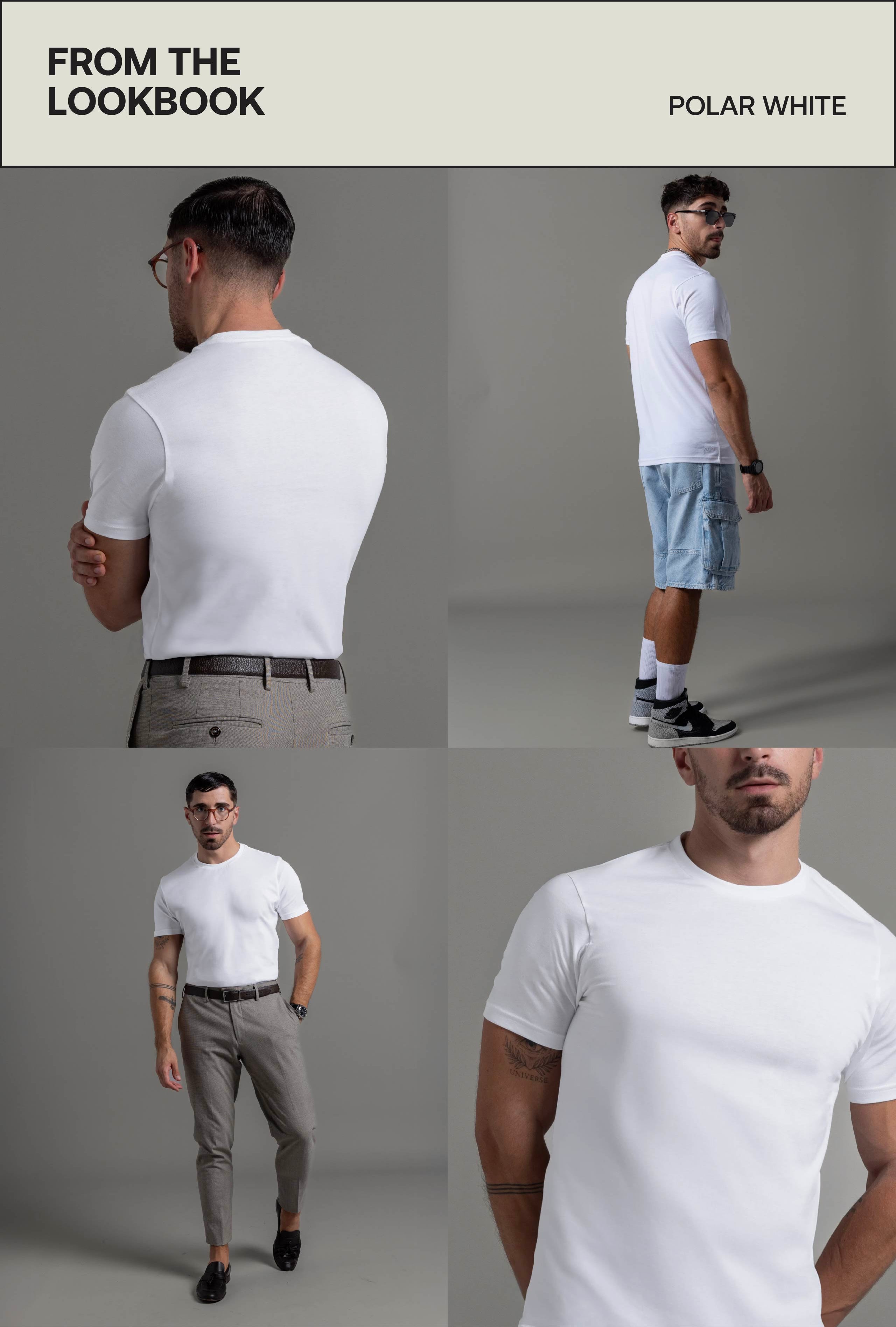 Walking pose men’s polar white tee
