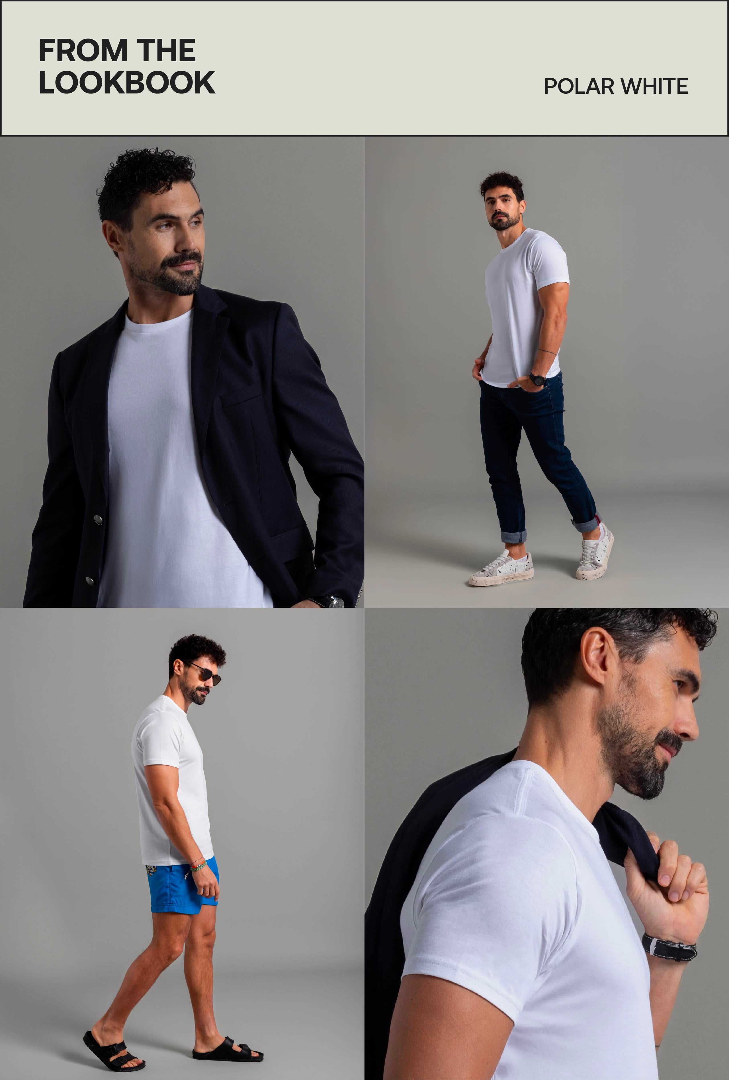 Walking pose men’s polar white tee