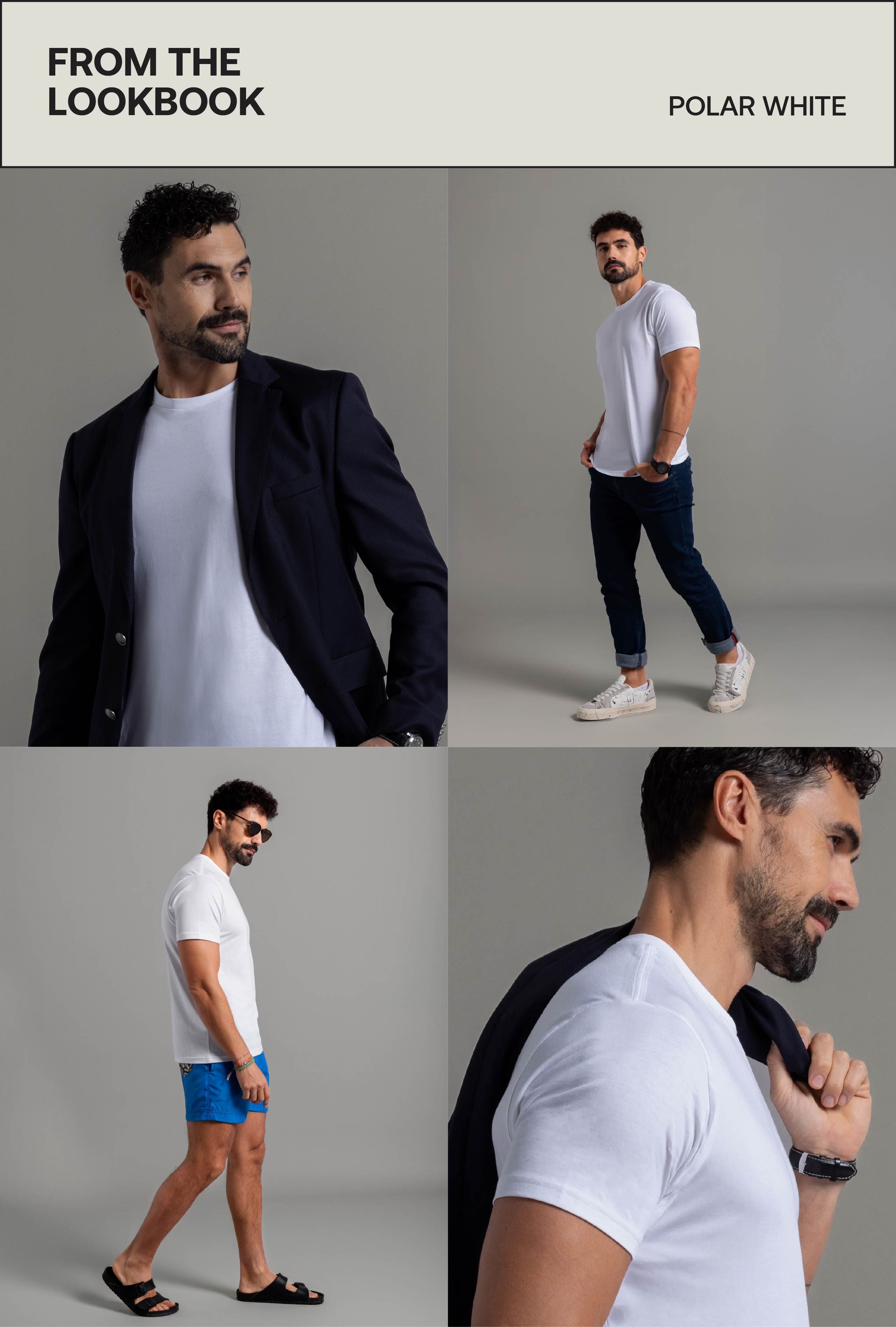 Walking pose men’s polar white tee