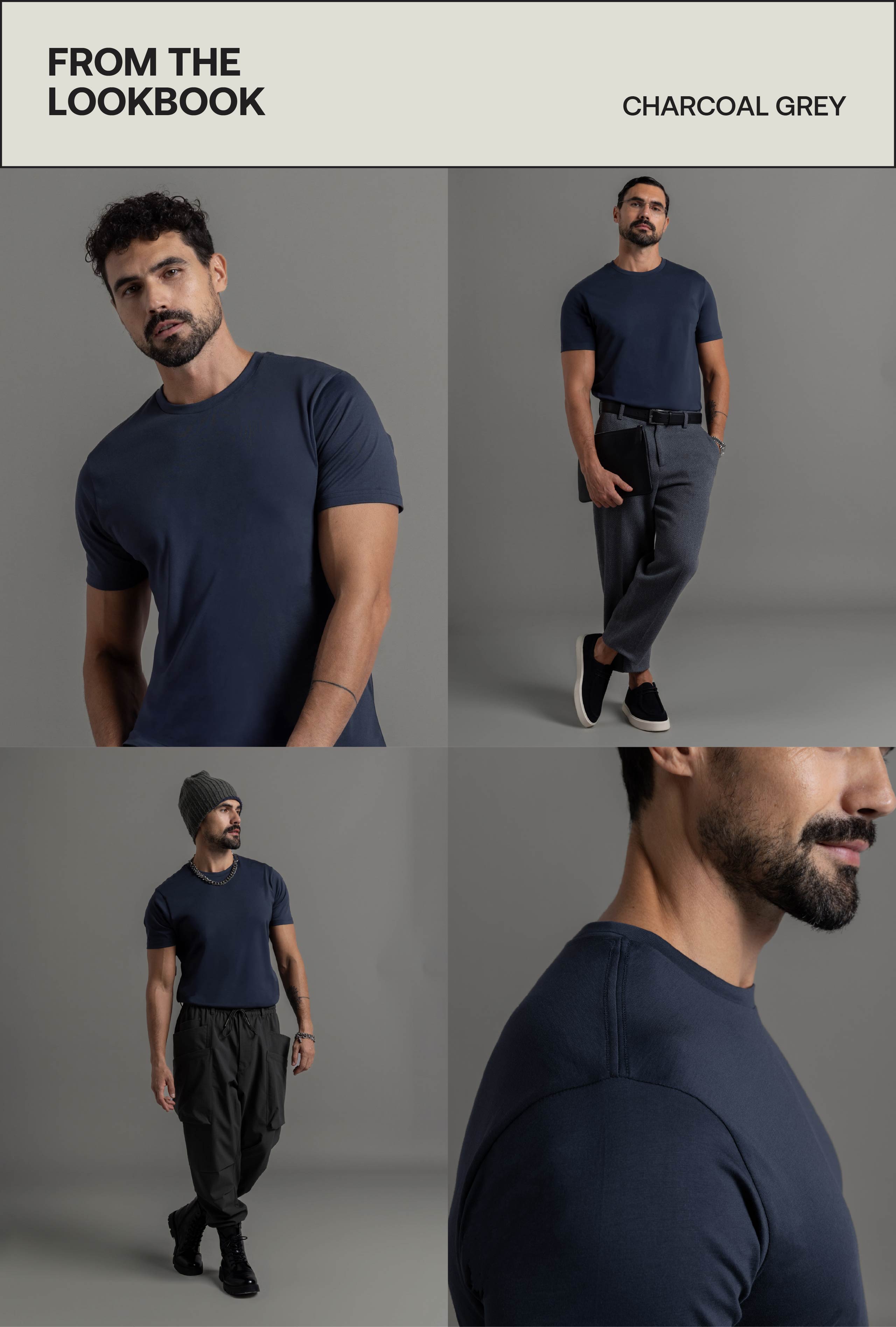 Walking pose men’s charcoal grey tee