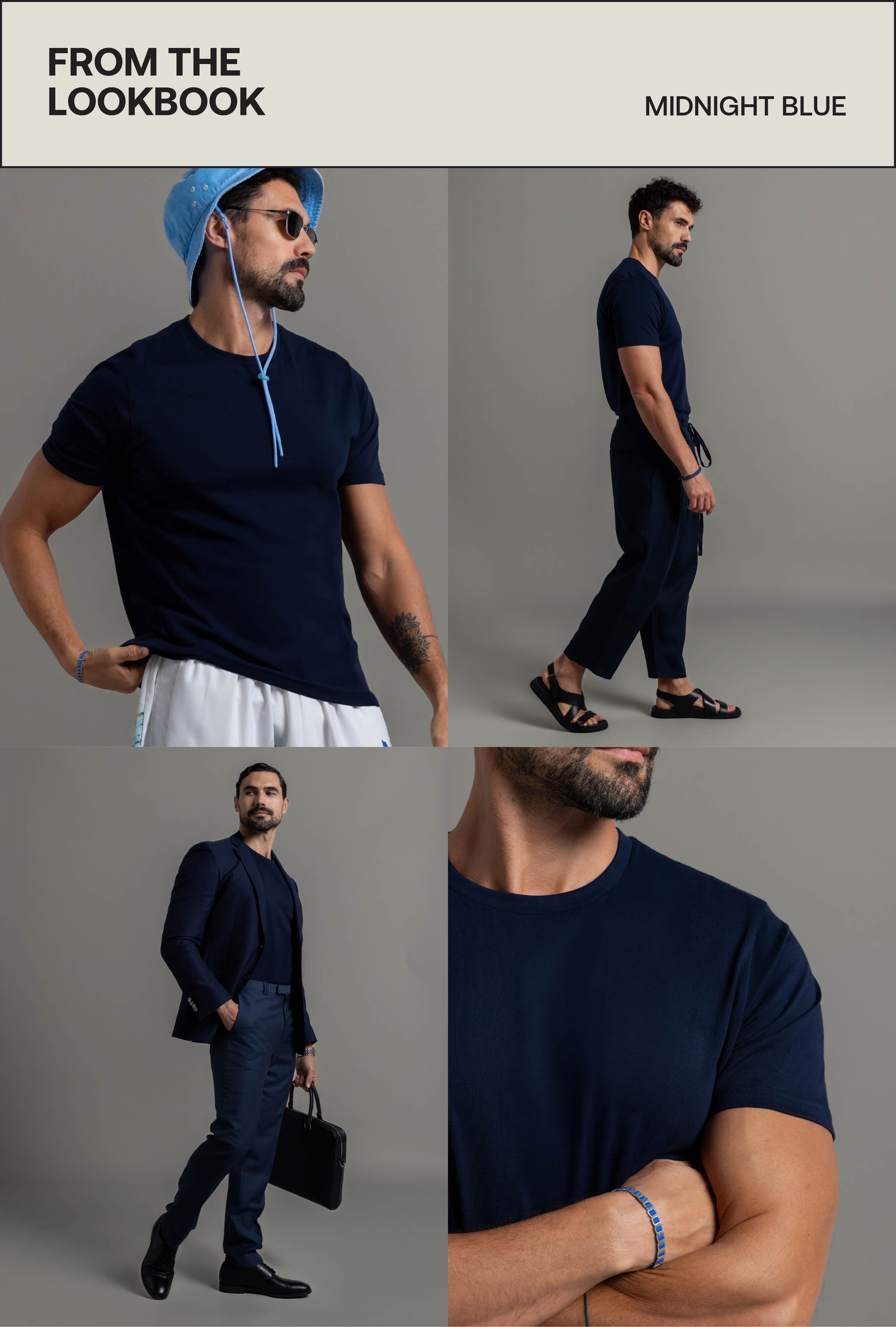 Walking pose men’s midnight blue tee 