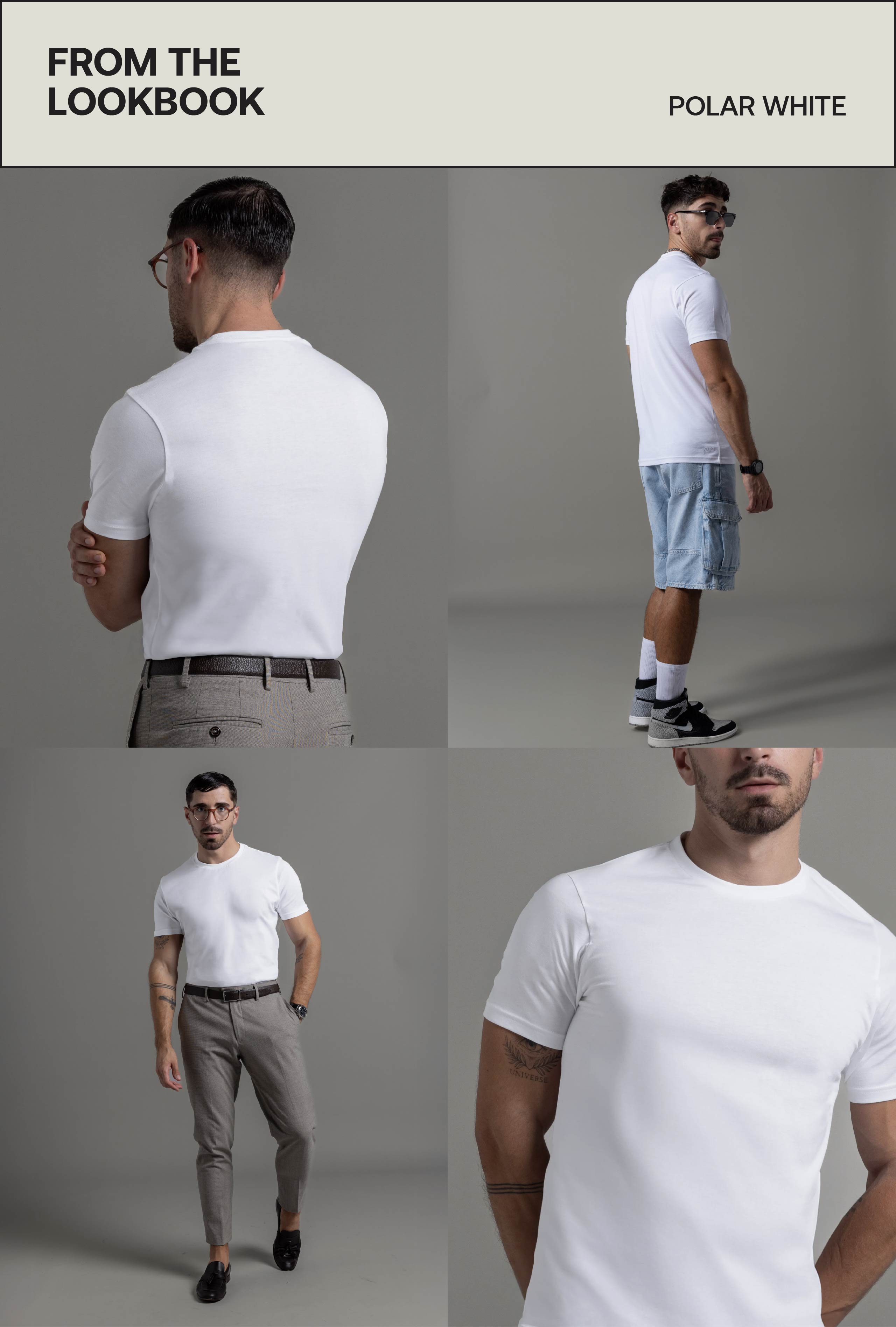 Walking pose men’s polar white tee